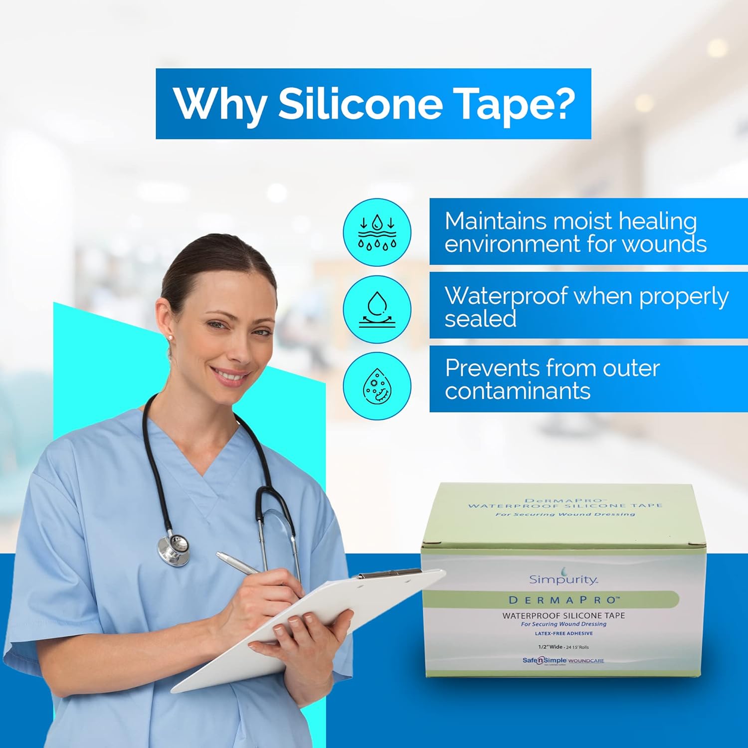 Waterproof Medical Tape DermaPro White 1 Inch X 5 Yard Silicone NonSterile | 12RL/Box
