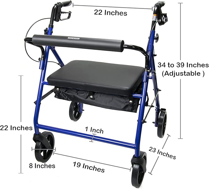 Bariatric 4 Wheel Rollator McKesson Blue Adjustable Height / Heavy Duty / Folding Steel Frame