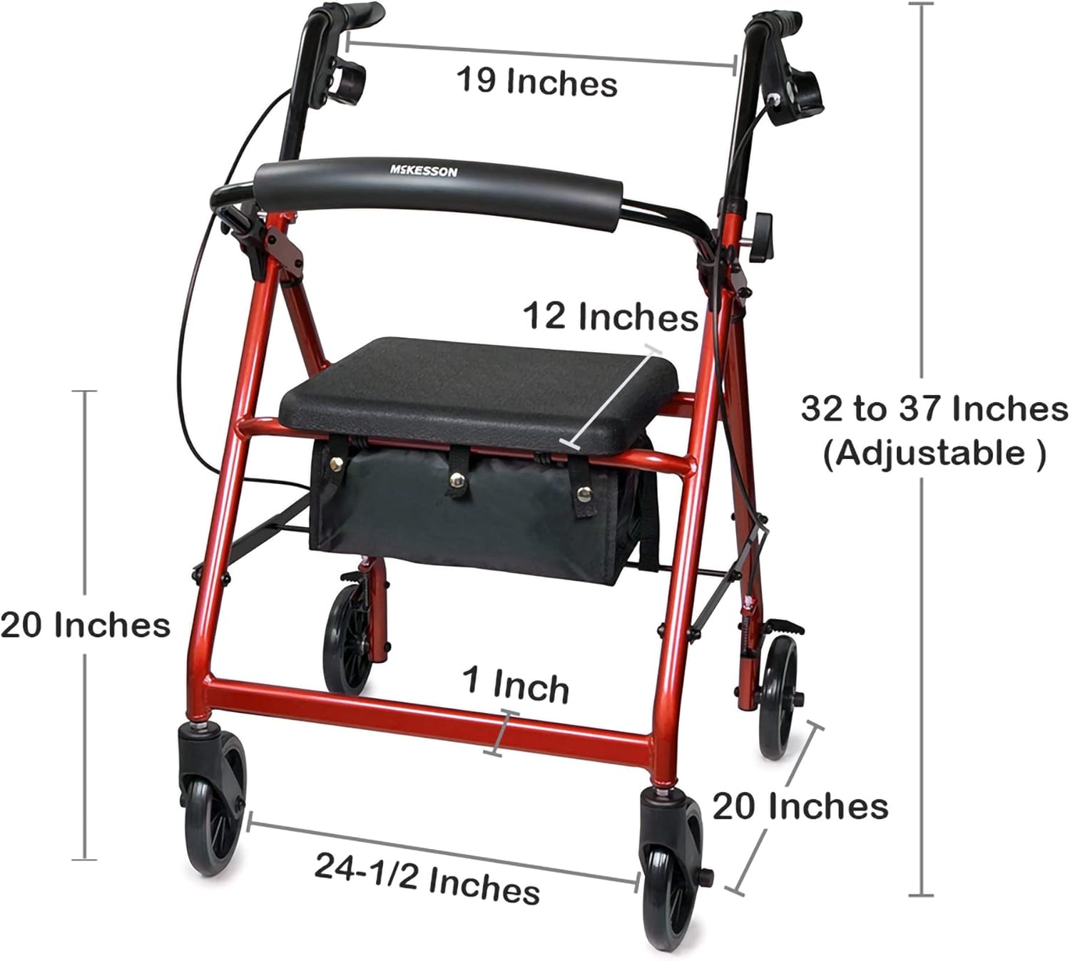 4 Wheel Rollator McKesson Red Adjustable Height / Folding Aluminum Frame