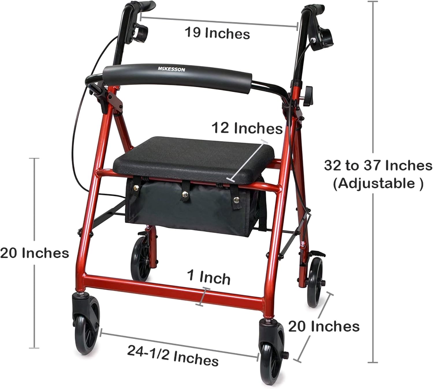 4 Wheel Rollator McKesson Red Adjustable Height / Folding Aluminum Frame, Packaging Type- Each