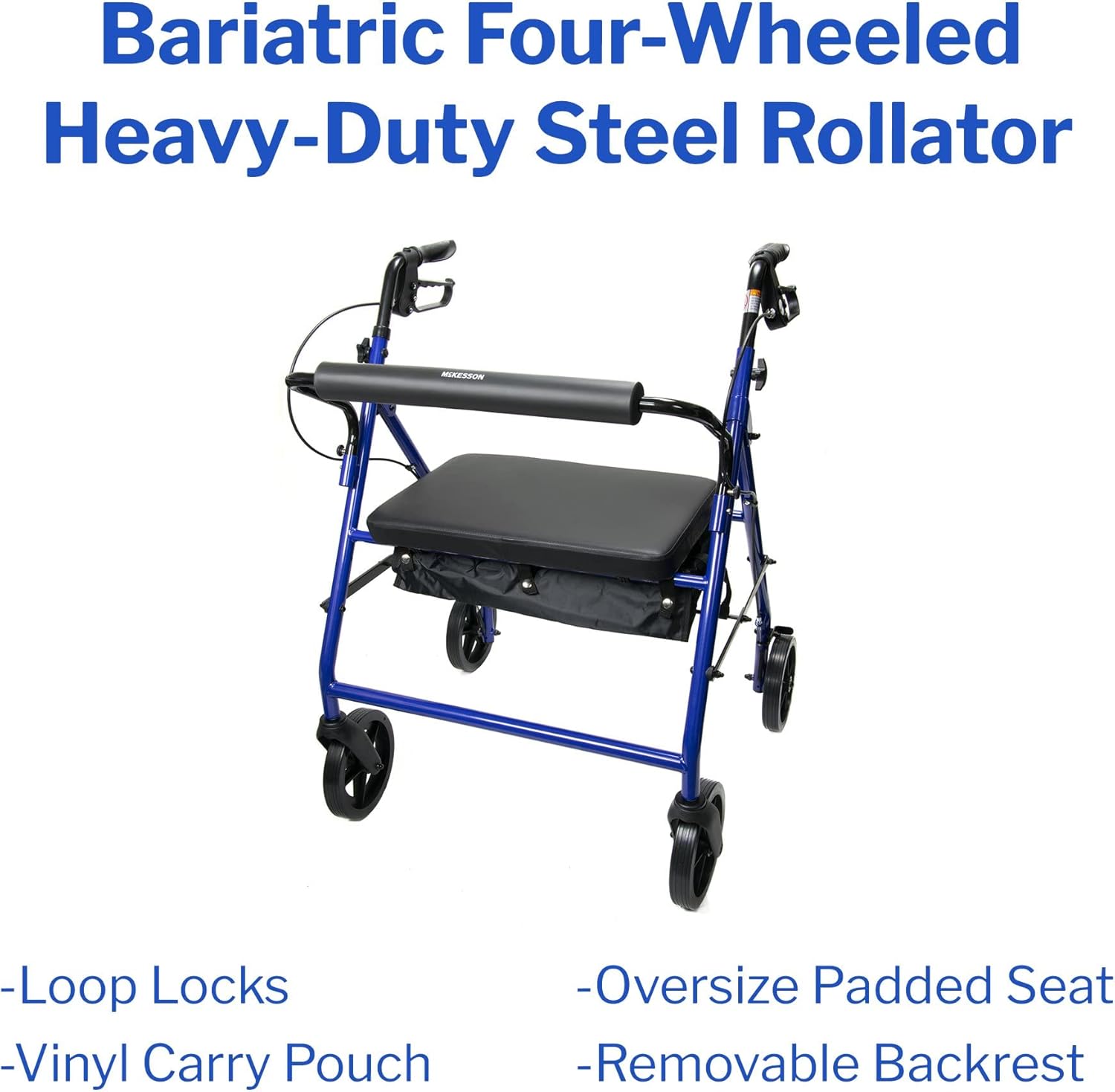 Bariatric 4 Wheel Rollator McKesson Blue Adjustable Height / Heavy Duty / Folding Steel Frame
