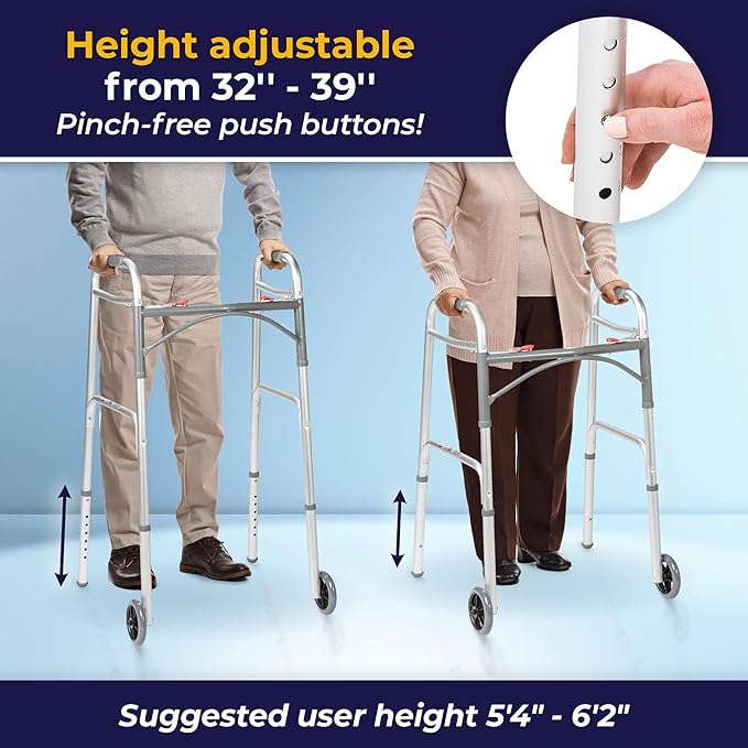 Deluxe Dual Release Folding Walker with Wheels Adjustable Height drive Deluxe Aluminum Frame 350 lbs. Weight Capacity 25 to 32-1/4 Inch Height, Packaging Type- Each