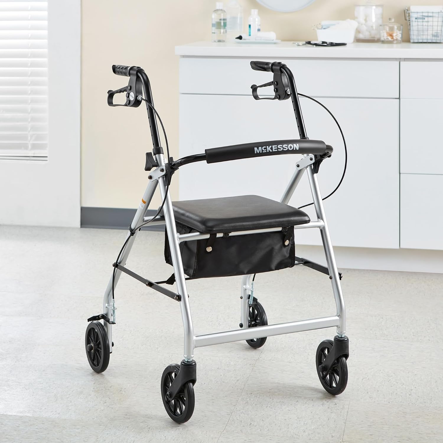 4 Wheel Rollator McKesson Silver Adjustable Height / Folding Aluminum Frame, Packaging Type- Each