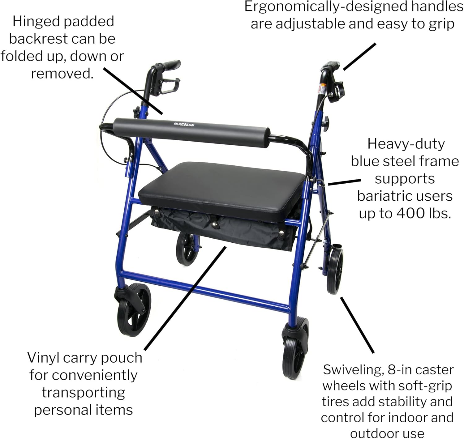 Bariatric 4 Wheel Rollator McKesson Blue Adjustable Height / Heavy Duty / Folding Steel Frame