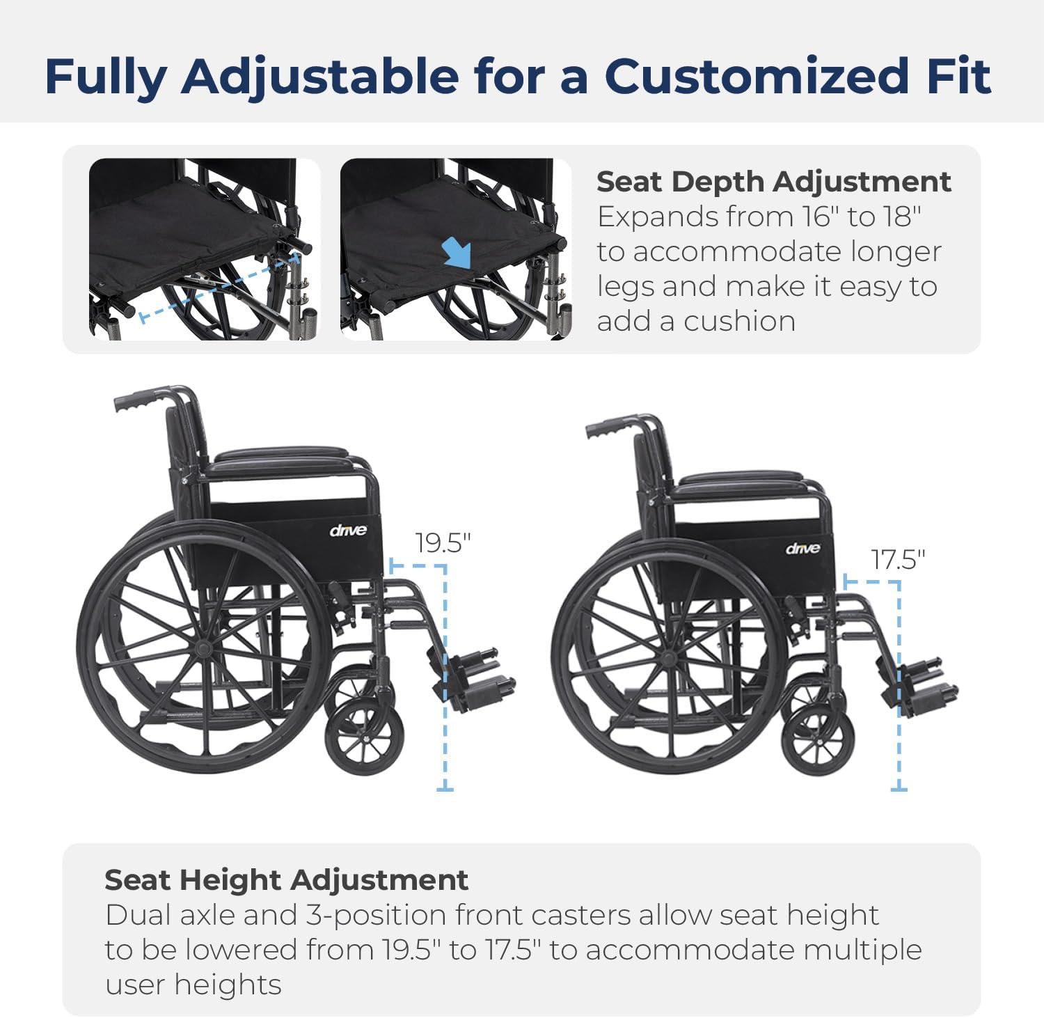 Lightweight Wheelchair drive Cruiser III Dual Axle Full Length Arm Elevating Legrest Black Upholstery 20 Inch Seat Width Adult 350 lbs. Weight Capacity, Packaging Type- Each