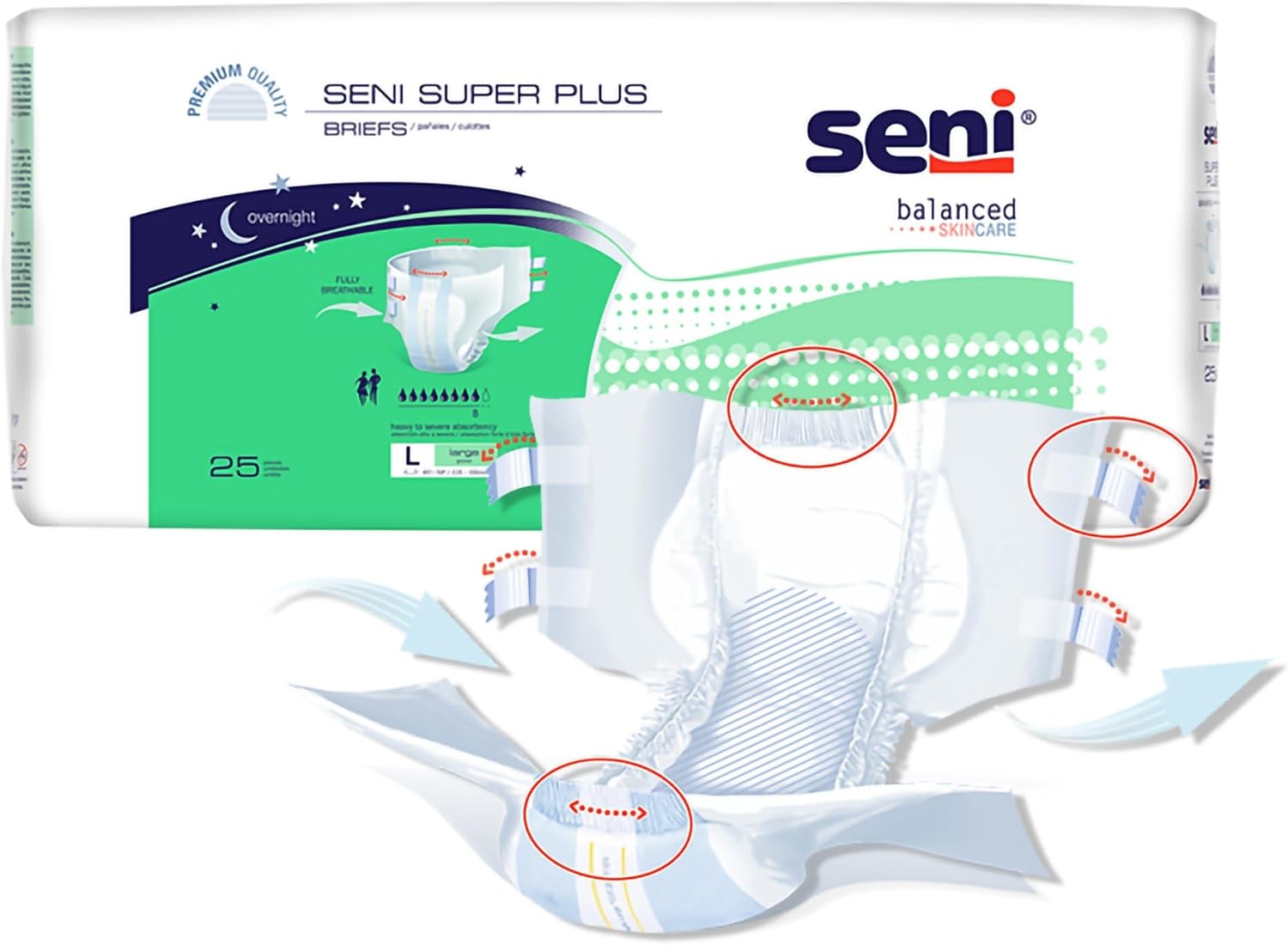 Pañal desechable para incontinencia unisex para adultos Seni Super Plus, tamaño grande, alta absorción. Embalaje: estuche.