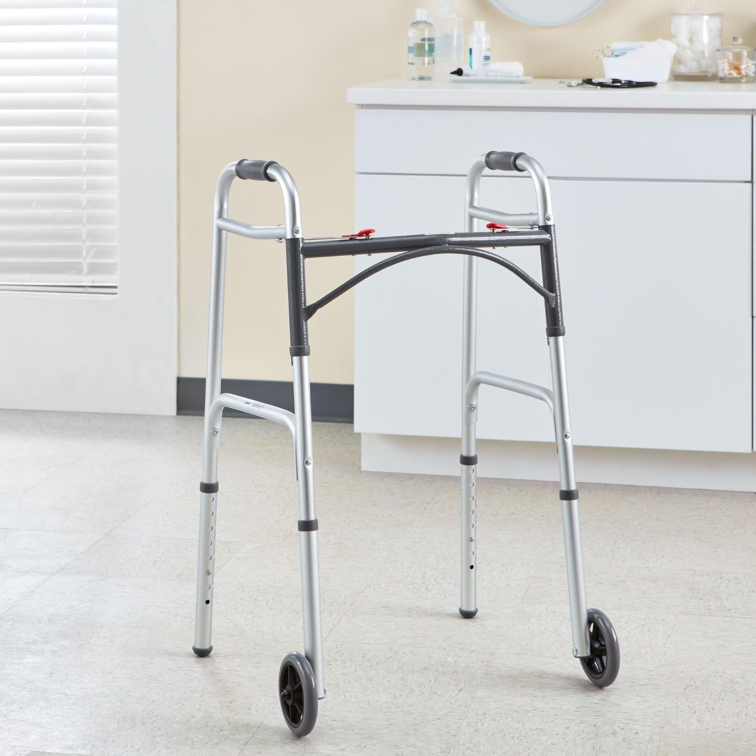 Dual Release Folding Walker with Wheels Adjustable Height McKesson Steel Frame 350 lbs. Weight Capacity 32 to 39 Inch Height, Packaging Type-Case