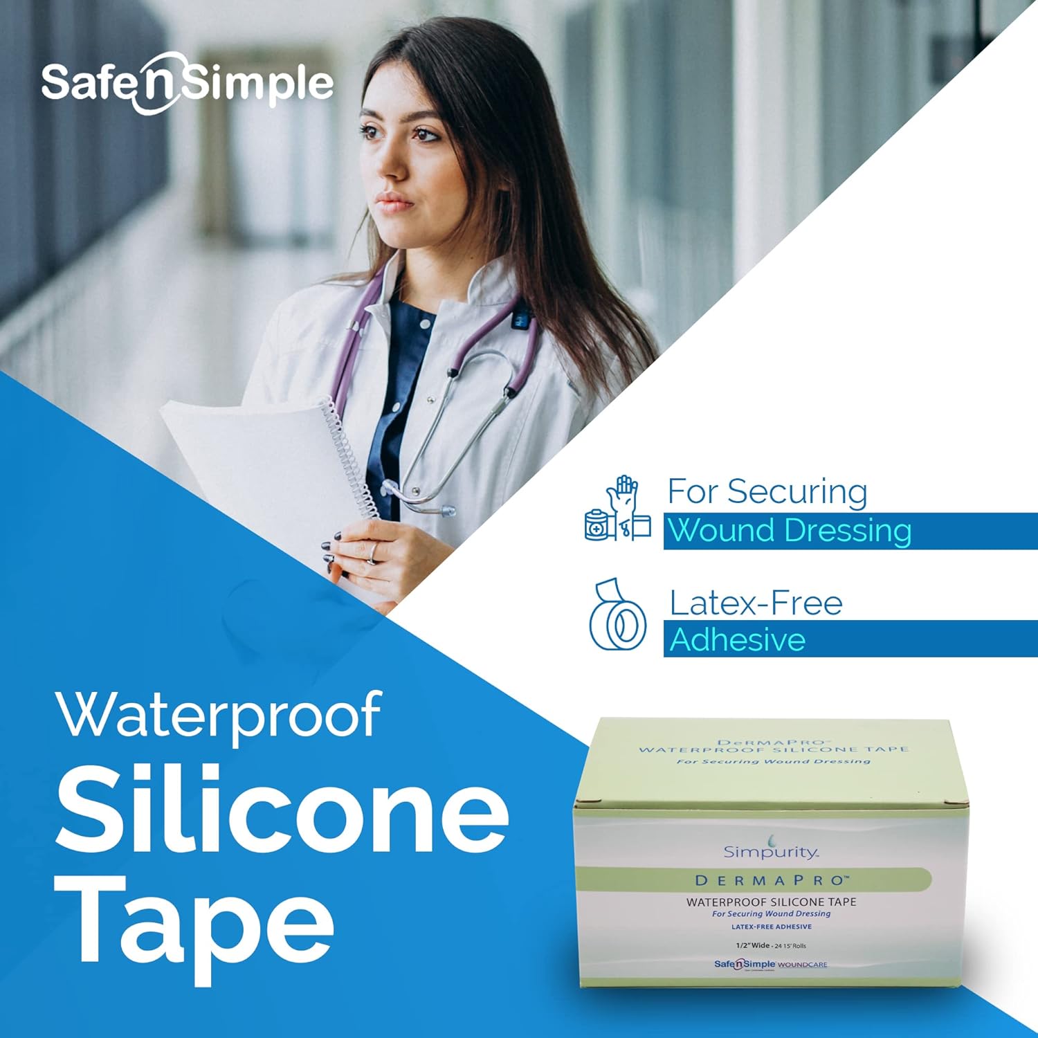 Waterproof Medical Tape DermaPro White 1 Inch X 5 Yard Silicone NonSterile | 12RL/Box