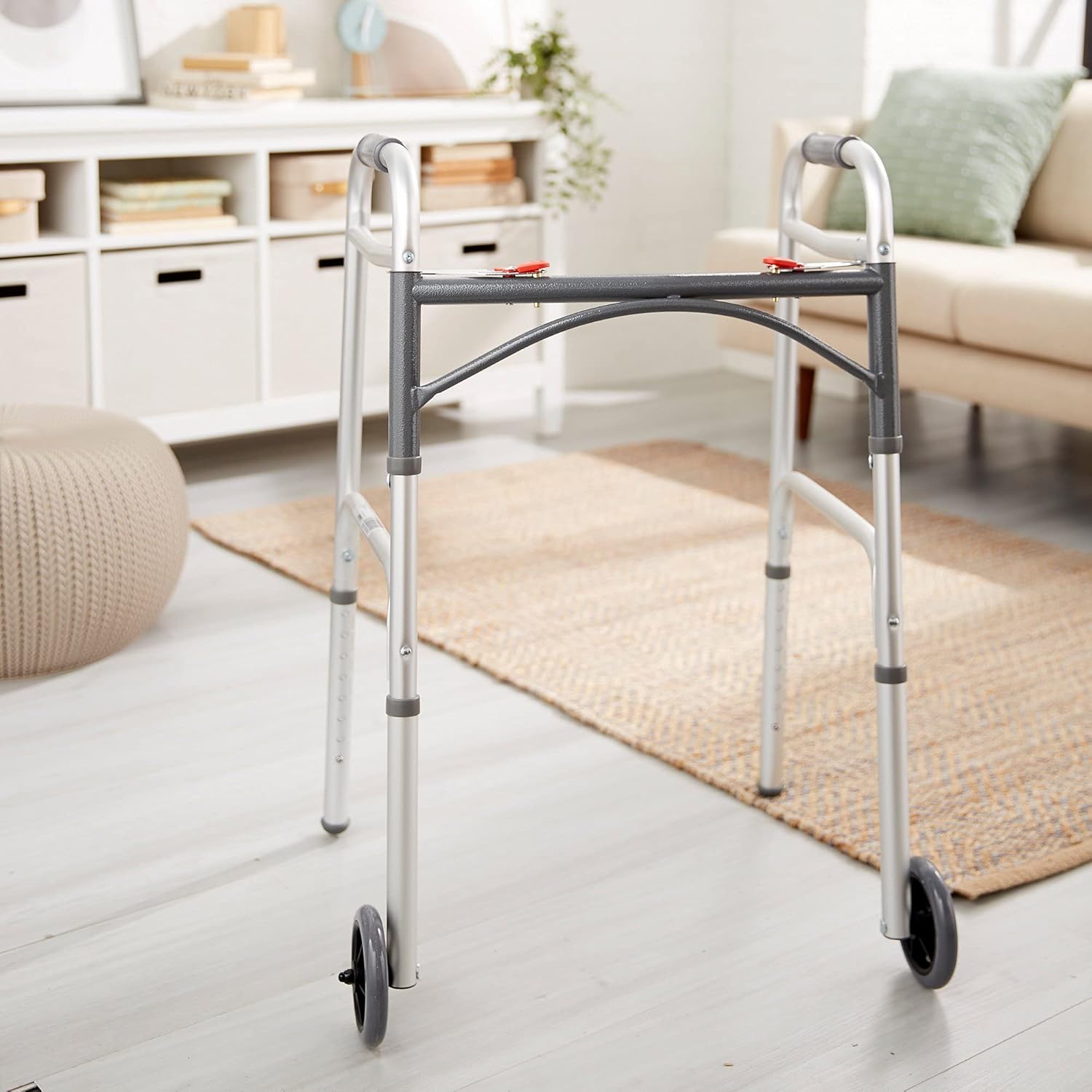 Dual Release Folding Walker with Wheels Adjustable Height McKesson Steel Frame 350 lbs. Weight Capacity 32 to 39 Inch Height, Packaging Type-Case