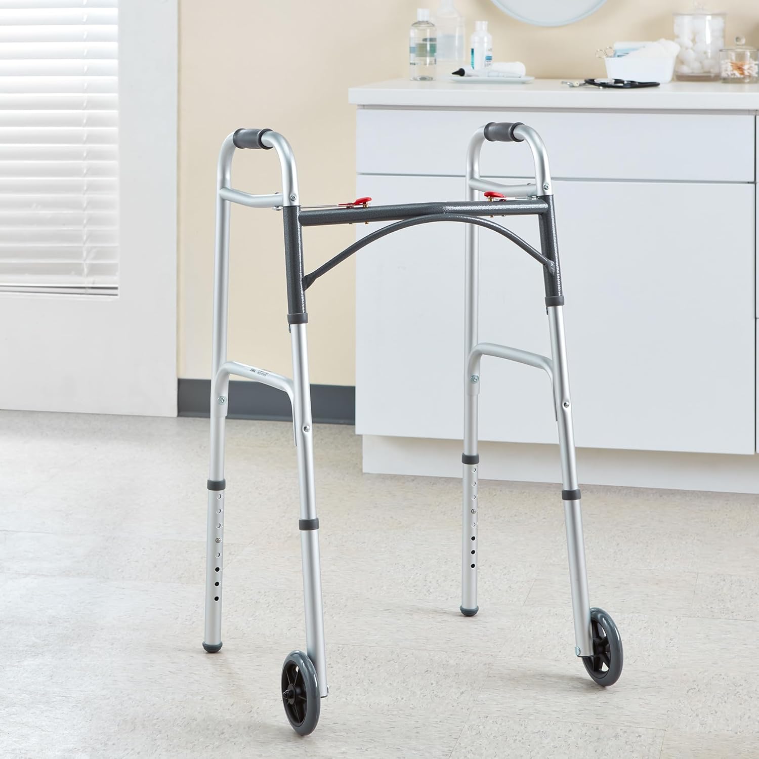 Dual Release Folding Walker with Wheels Adjustable Height McKesson Aluminum Frame 350 lbs. Weight Capacity 32 to 39 Inch Height