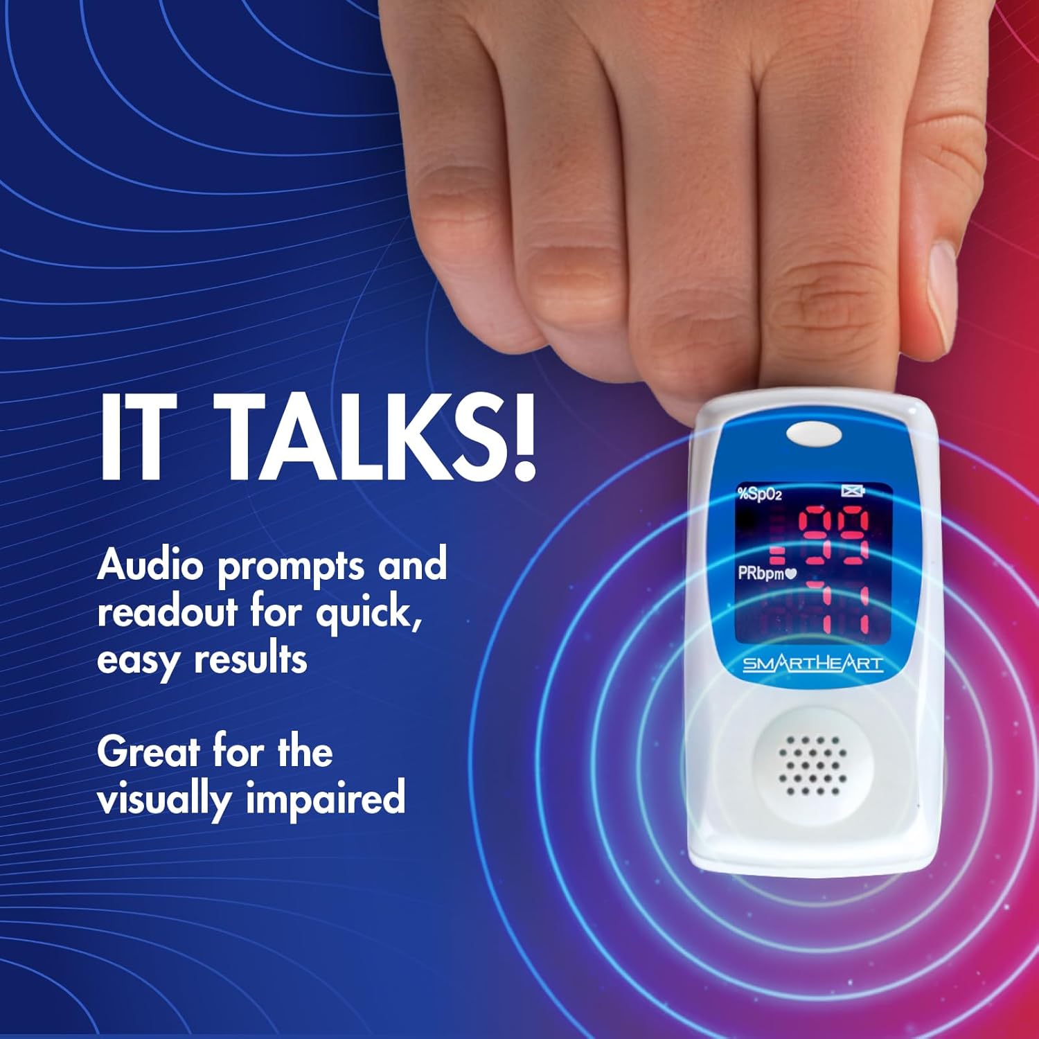 SmartHeart Talking Pulse Oximeter | Audible Result Announcement | Blood Oxygen Saturation | Complete System Monitor Lanyard and Batteries | Portable Spot-Check Monitoring