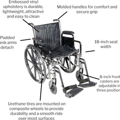 Durable mobility wheelchair angled side view with safety brakes