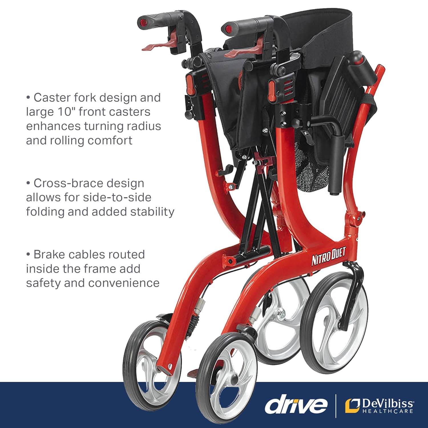 Nitro Dual Function Transport Wheelchair and Rollator Rolling Walker Combo with Hand Activated Brakes and Back Support, Red