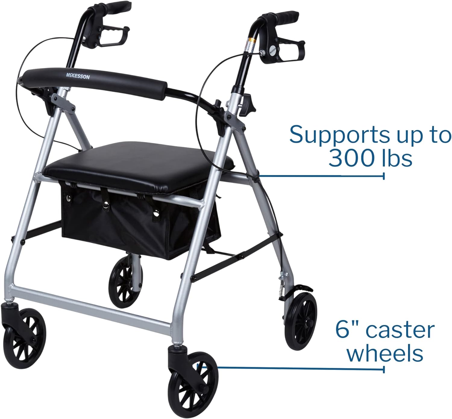 4 Wheel Rollator McKesson Silver Adjustable Height / Folding Aluminum Frame, Packaging Type- Each