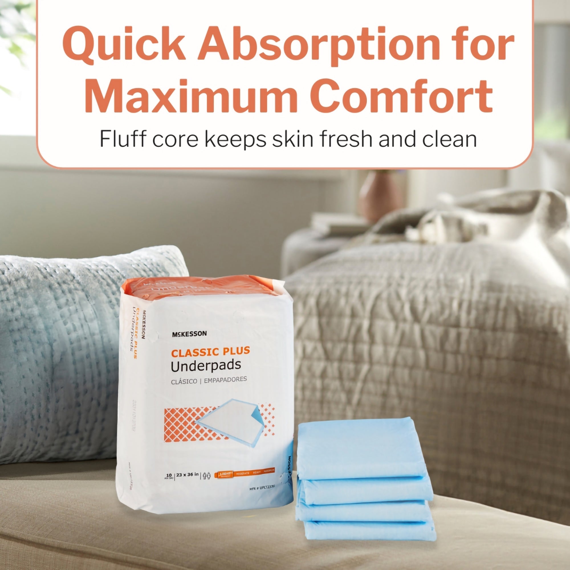 Disposable Underpad McKesson Classic Plus 23 X 36 Inch Fluff Mat Light Absorbency, Packaging Type- Case