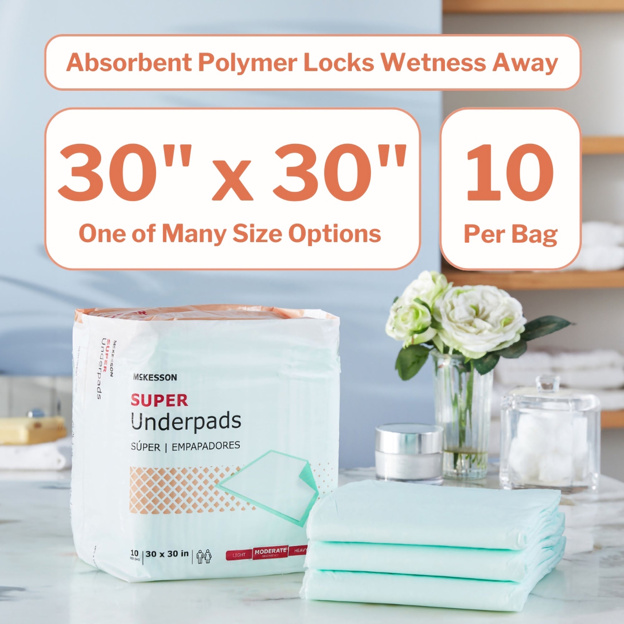 Disposable Underpad McKesson Super 30 X 30 Inch Fluff / Polymer Moderate Absorbency, Packaging Type- Case