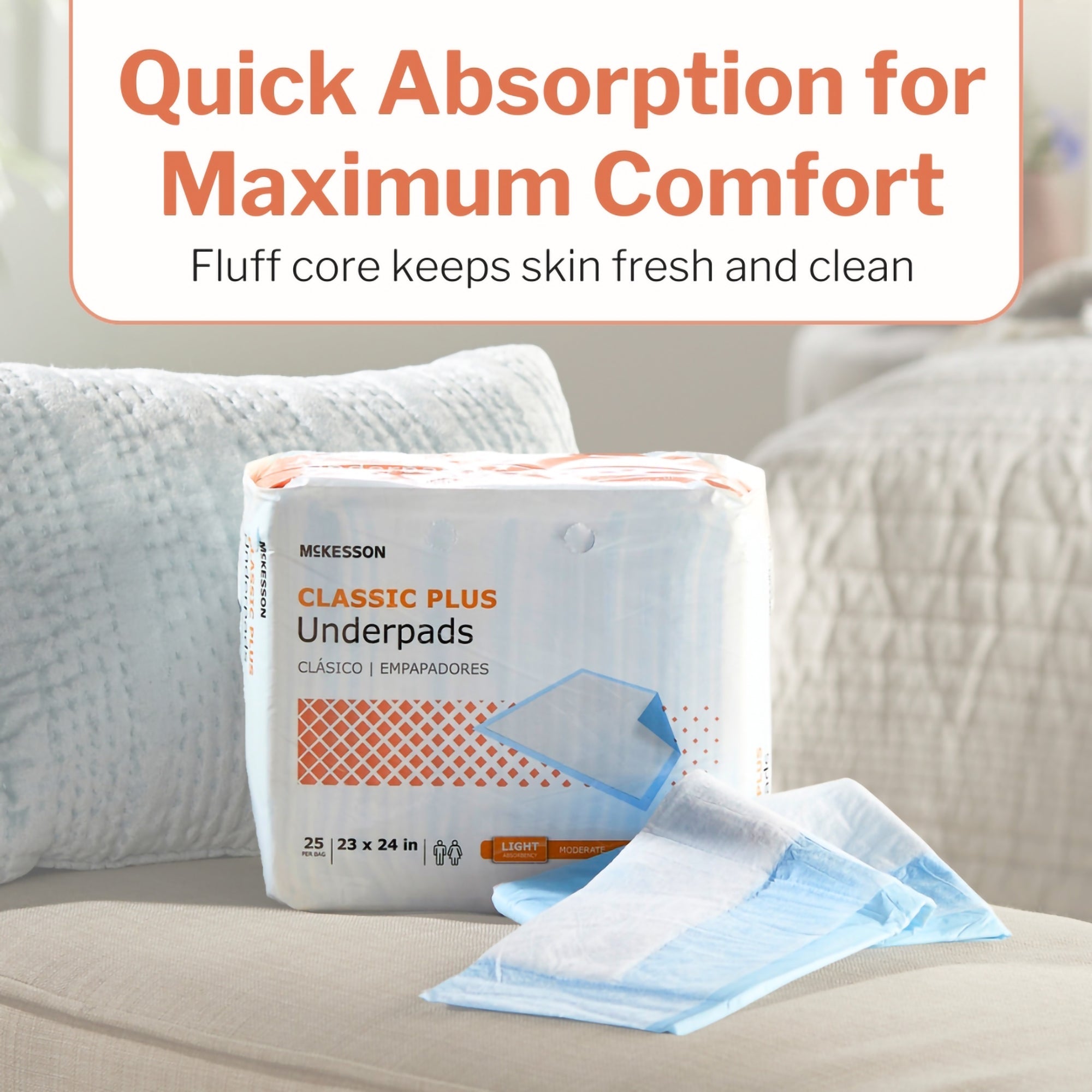 Disposable Underpad McKesson Classic Plus 23 X 24 Inch Fluff / Polymer Light Absorbency, Packaging Type- Case