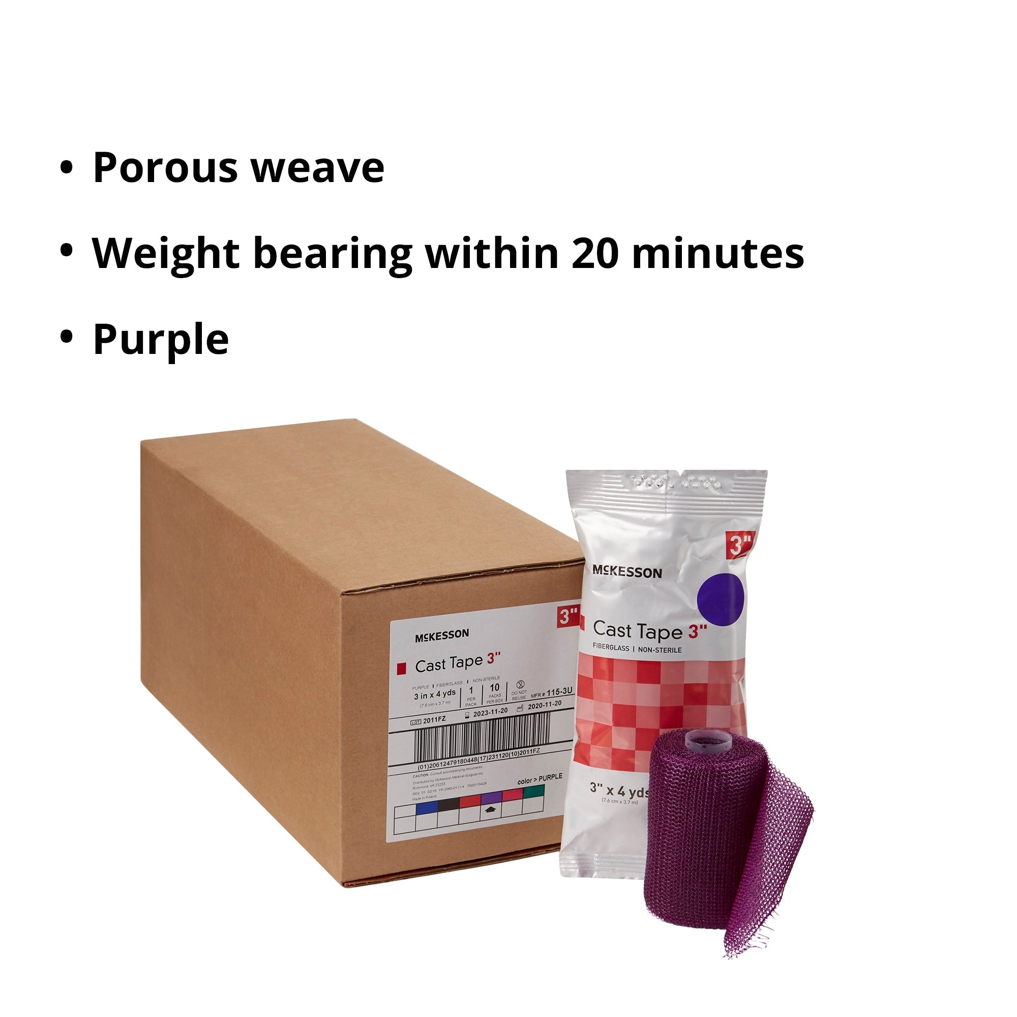 Cast Tape McKesson 3 Inch X 12 Foot Fiberglass Purple, Packaging Type- Box