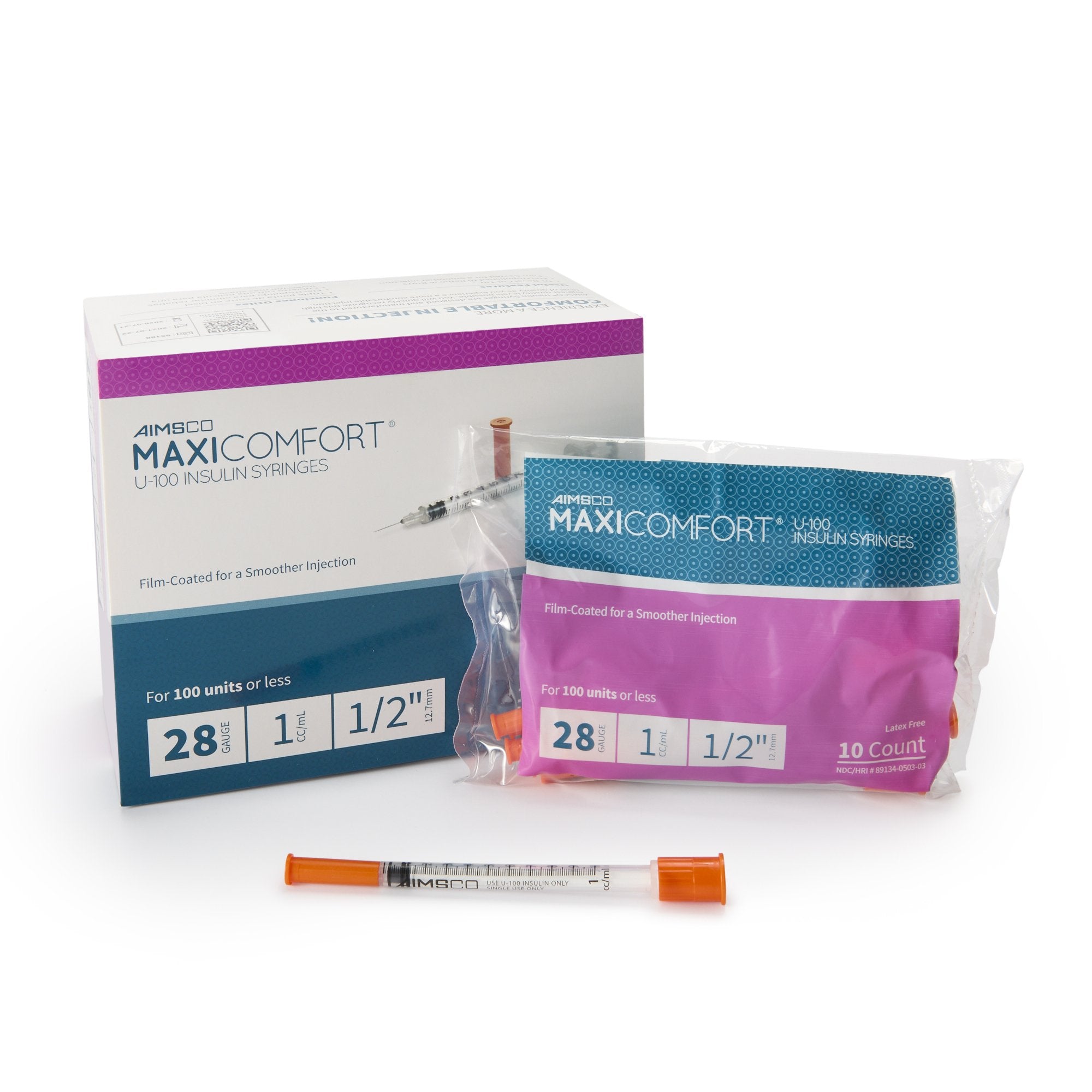 Standard Insulin Syringe with Needle AIMSCO 1 mL 1/2 Inch 28 Gauge NonSafety Ultra Thin Wall