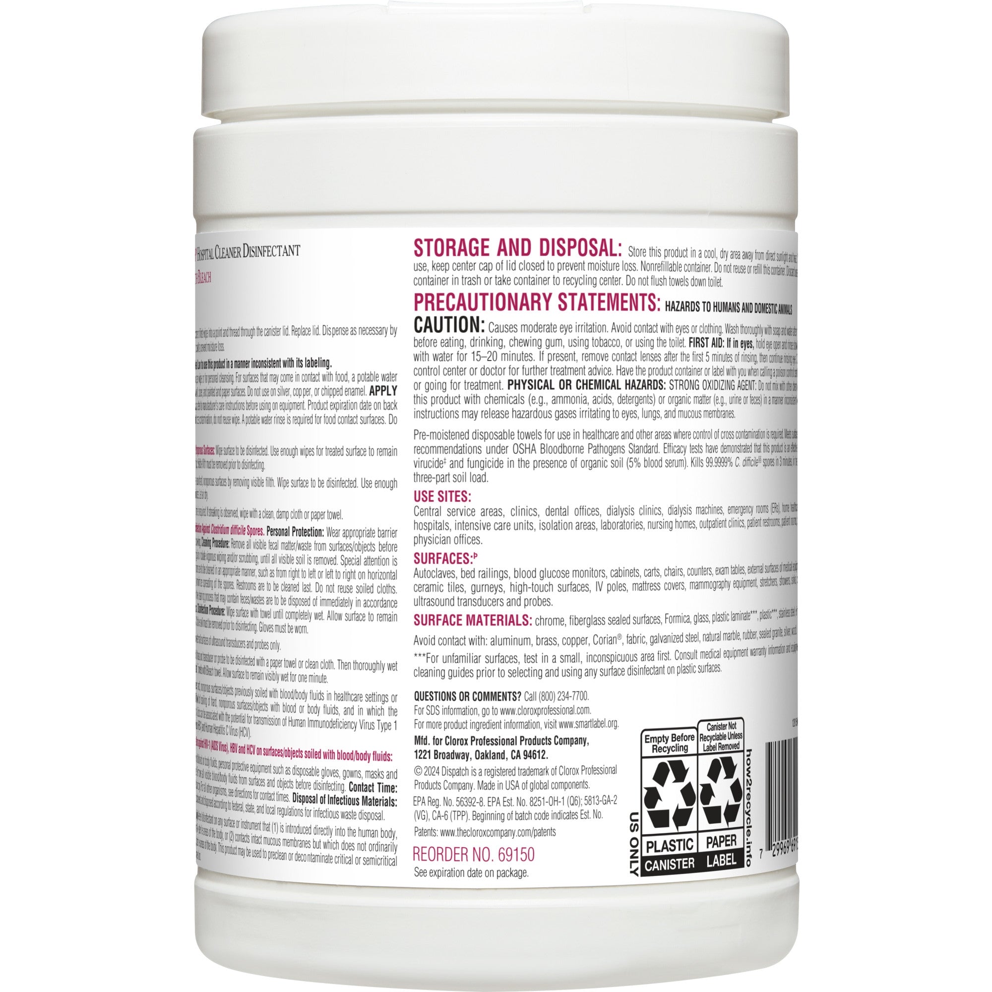 Dispatch with Bleach Surface Disinfectant Cleaner Premoistened Manual Pull Wipe 150 Count Canister Fruity Floral Bleach Scent NonSterile | 8PK/Case