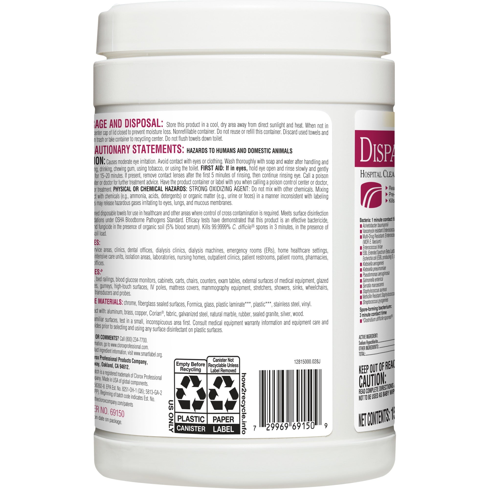 Dispatch with Bleach Surface Disinfectant Cleaner Premoistened Manual Pull Wipe 150 Count Canister Fruity Floral Bleach Scent NonSterile | 8PK/Case