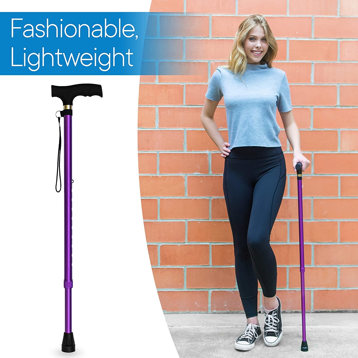 Walking Cane - Adjustable Walking Stick - Lightweight Aluminum Offset Cane with Ergonomic Handle and Wrist Strap - Ideal Daily Living Aid for Limited Mobility