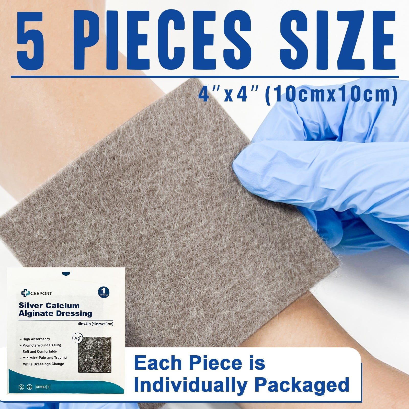 Ceeport  4x4 inch 5/10pcs Ag Silver Calcium Alginate Wound Dressing Pads Soft Silver Highly Absorbent Dressings for Wound Care