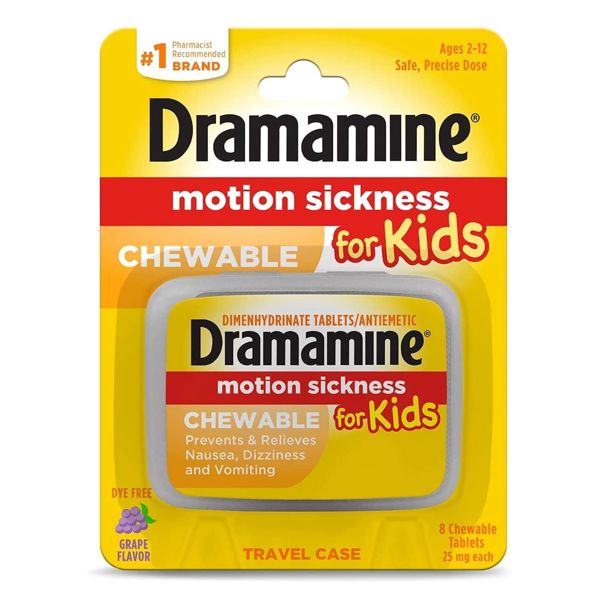 Nausea Relief Dramamine Motion Sickness Relief 25 mg Strength Chewable Tablet 8 per Box