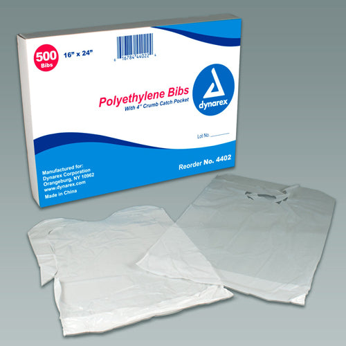 Disposable Polyethylene Bibs W/Crumb Pocket 16 x24 Bx/500 Bibs