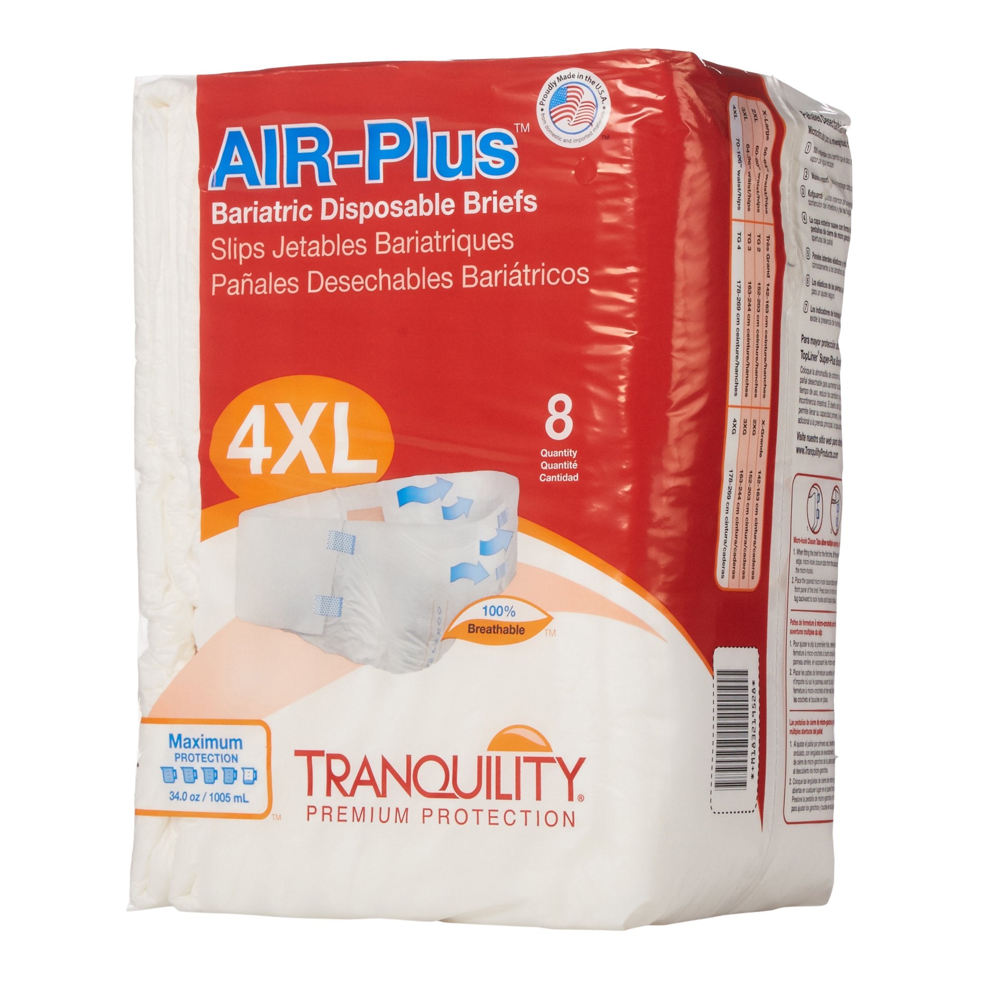 Pañal desechable para incontinencia Tranquility AIR-Plus Bariatric, talla 4 a 5XL, unisex, para adultos, de alta absorción. Tipo de embalaje: estuche.