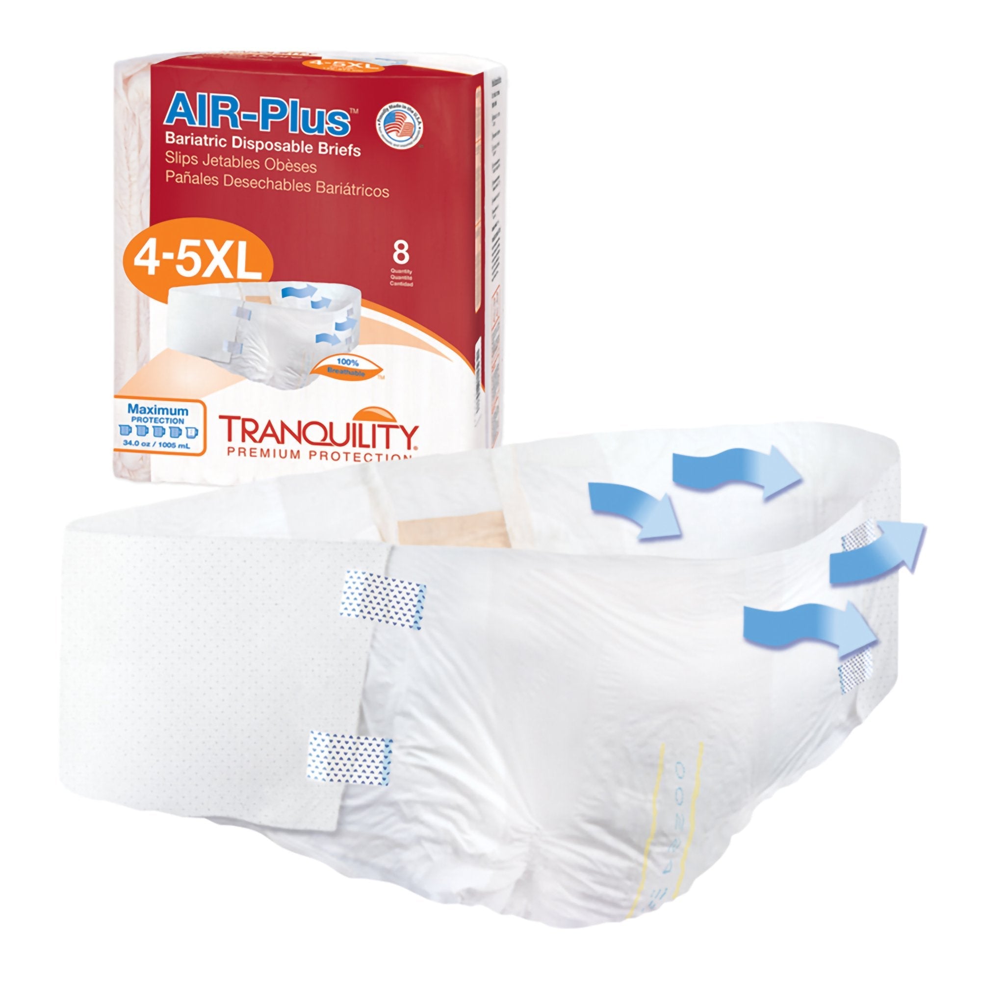 Pañal desechable para incontinencia Tranquility AIR-Plus Bariatric, talla 4 a 5XL, unisex, para adultos, de alta absorción. Tipo de embalaje: estuche.