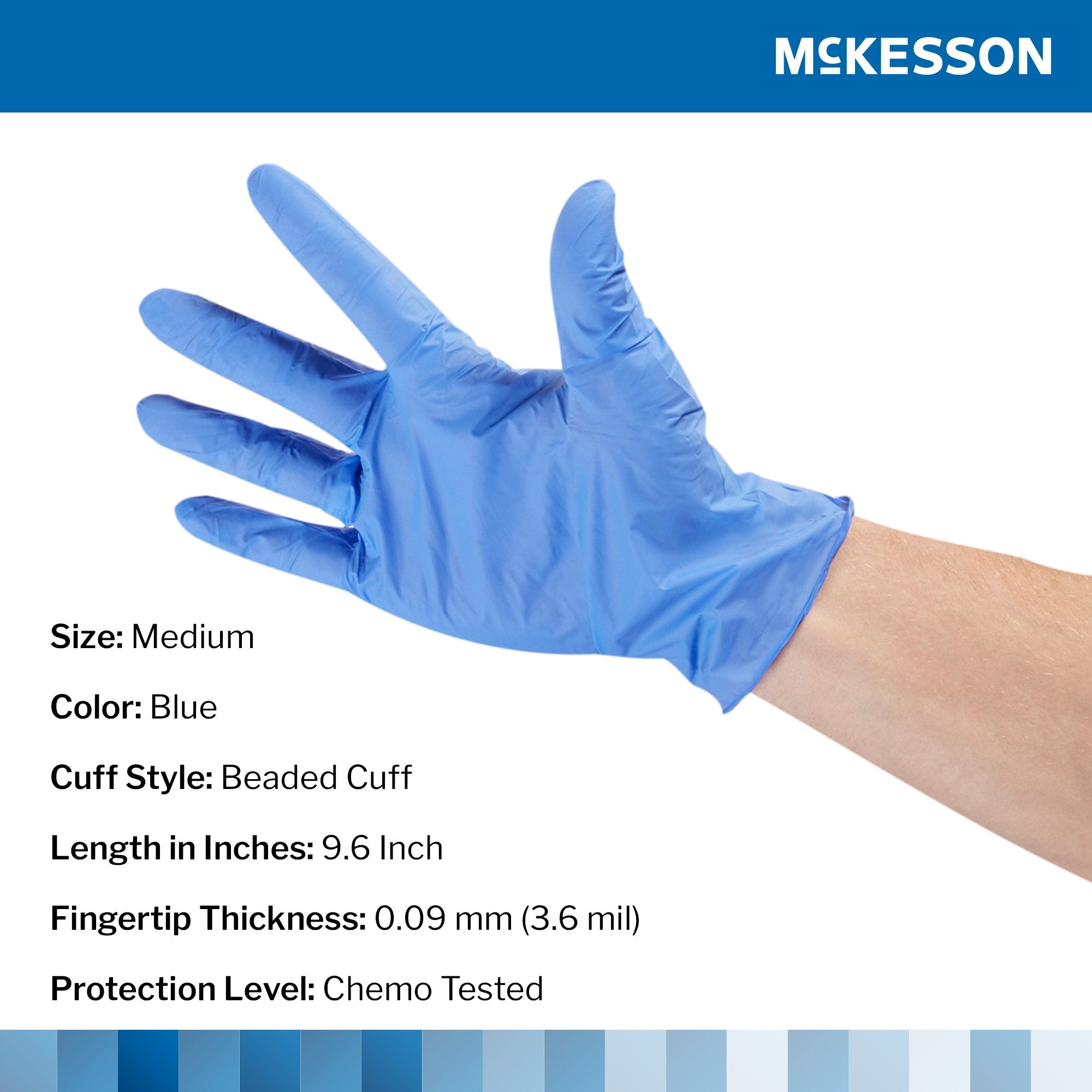 exam glove mckesson confiderm 3 5c medium nonsterile nitrile standard cuff length textured fingertips blue chemo tested packaging type box