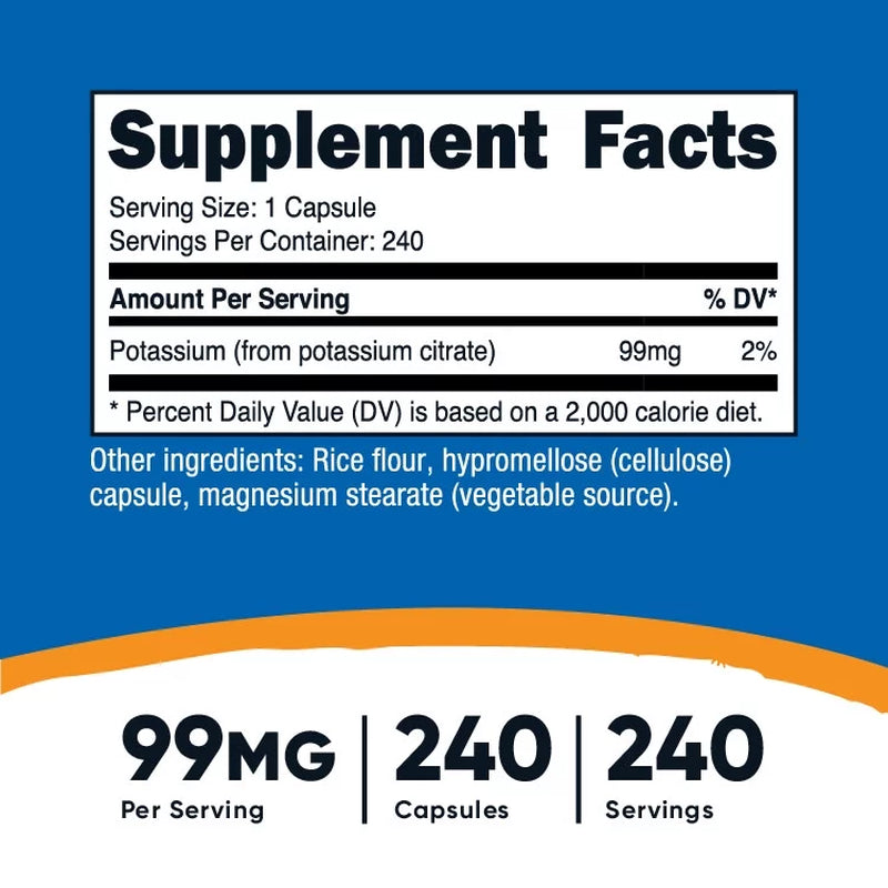 Potassium Citrate 99Mg, 240 Capsules - Gluten Free, Non-Gmo Supplement