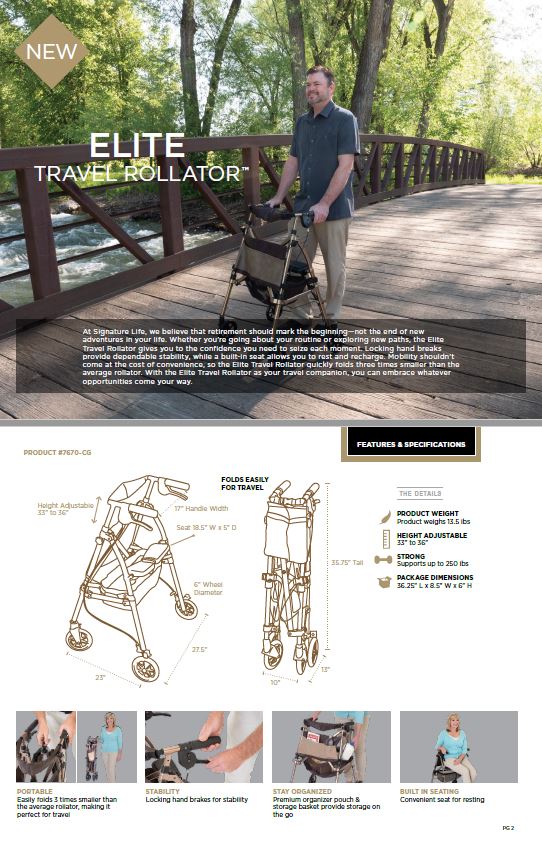 Elite Travel Rollator - Lightweight, foldable design for easy transport. Features ergonomic hand grips and adjustable height for comfort. Perfect for mobility on the go!