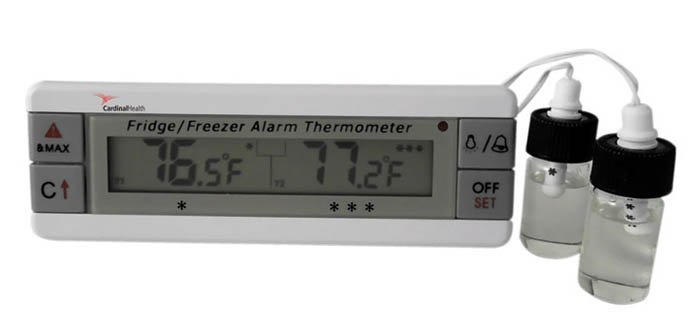 Digital Refrigerator / Freezer Thermometer with Alarm Cardinal Health Fahrenheit / Celsius -40° to +158°F (-40° to +70°C) 2 Bottle Probes Flip-out Stand / Wall Mount Battery Operated