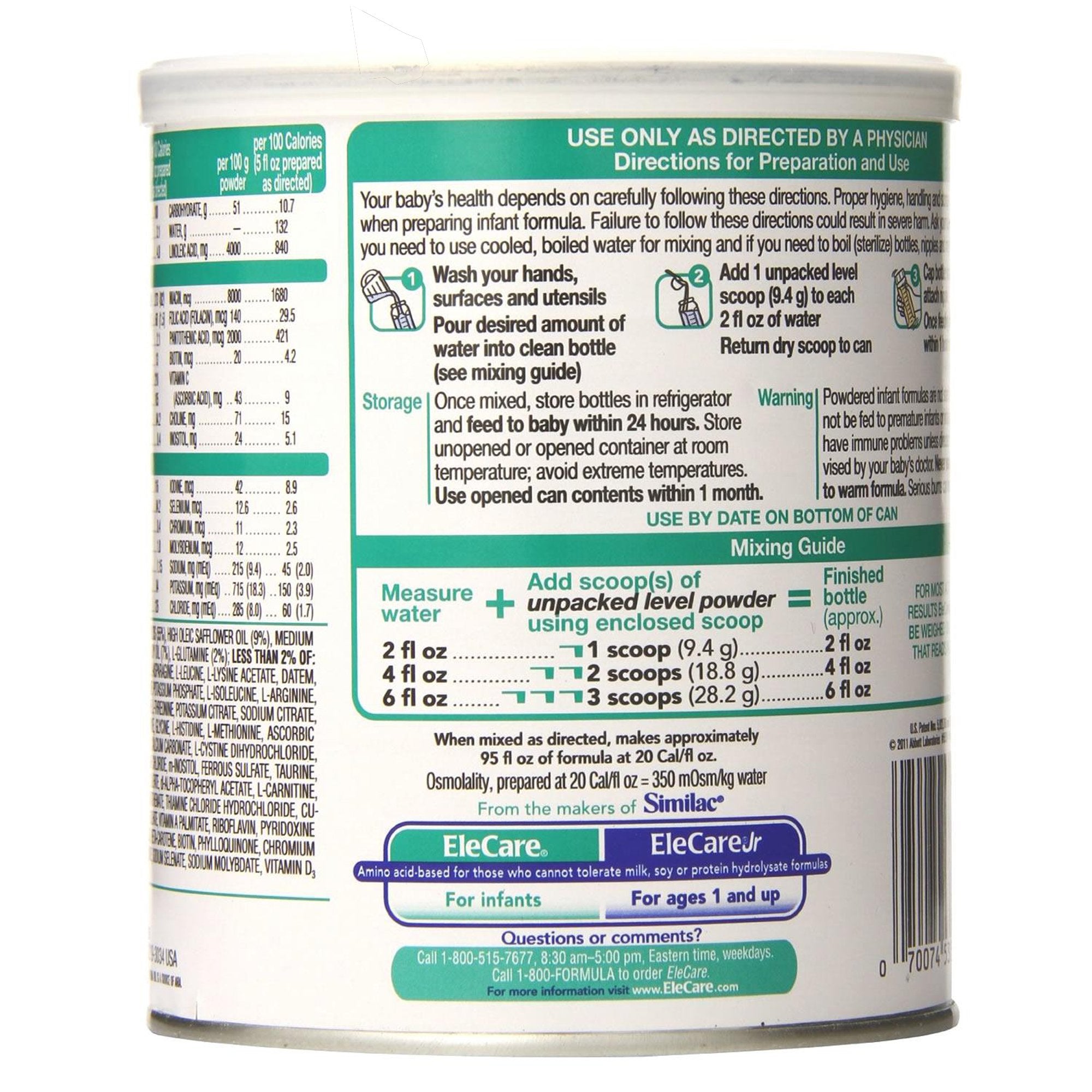 Infant Formula EleCare Unflavored 14.1 oz. Can Powder Iron Food Allergies, Packaging Type- Case