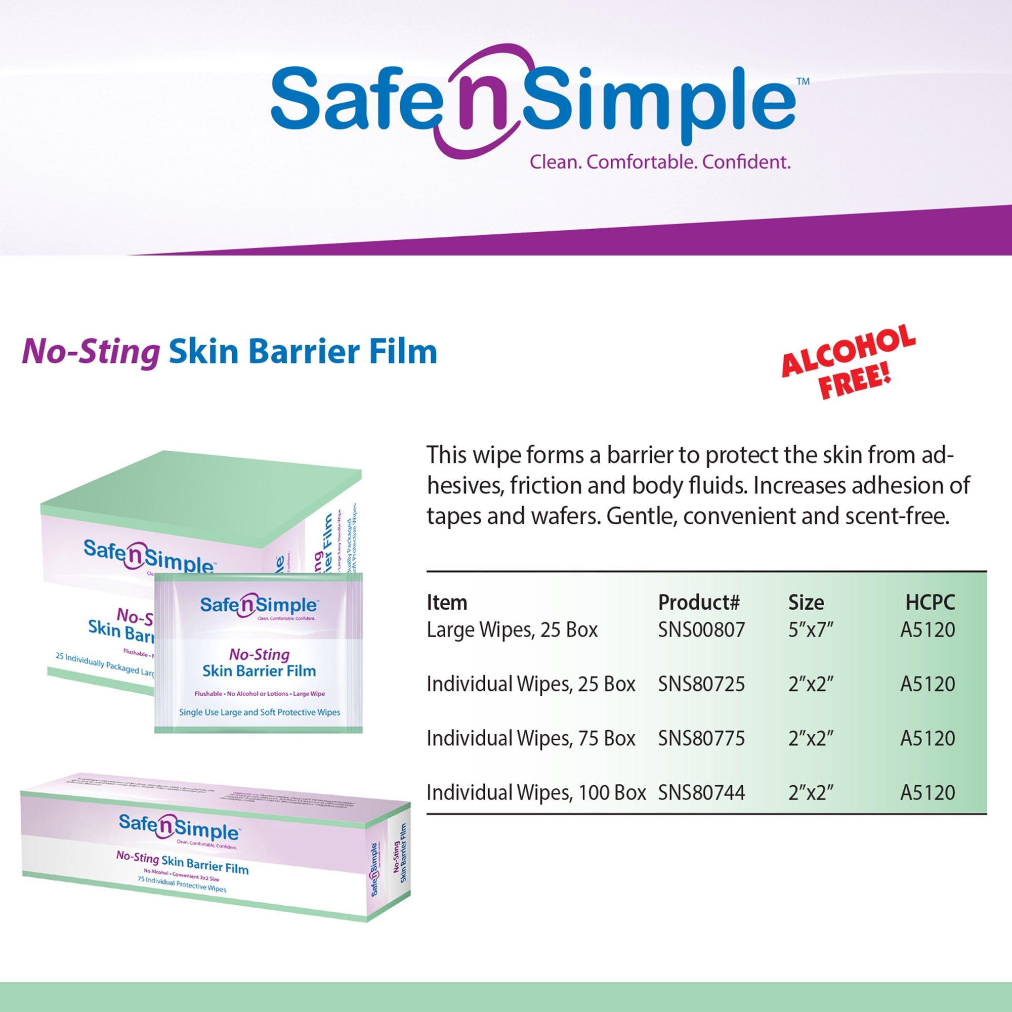 Skin Barrier Wipe Safe N Simple™ No-Sting 60% / 20% Strength Purified Water / Polyvinylpyrrolidone / Glycerin / Propylene Glycol Individual Packet Sterile,  Packaging Type- Case