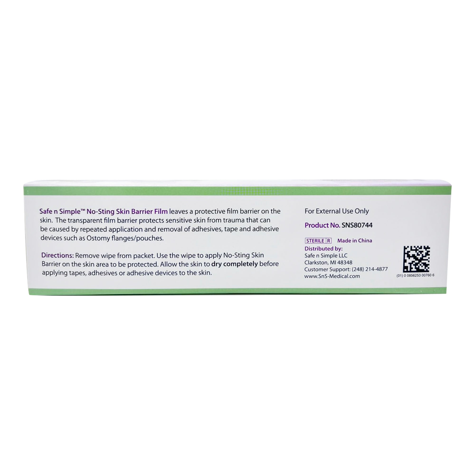 Skin Barrier Wipe Safe N Simple™ No-Sting 60% / 20% Strength Purified Water / Polyvinylpyrrolidone / Glycerin / Propylene Glycol Individual Packet Sterile,  Packaging Type- Case