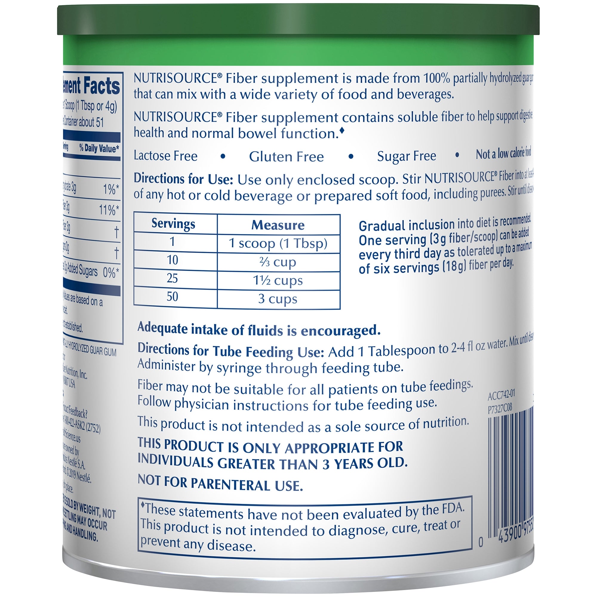 Oral Supplement Nutrisource Fiber Unflavored Powder 7.2 oz. Canister, Packaging Type- Each