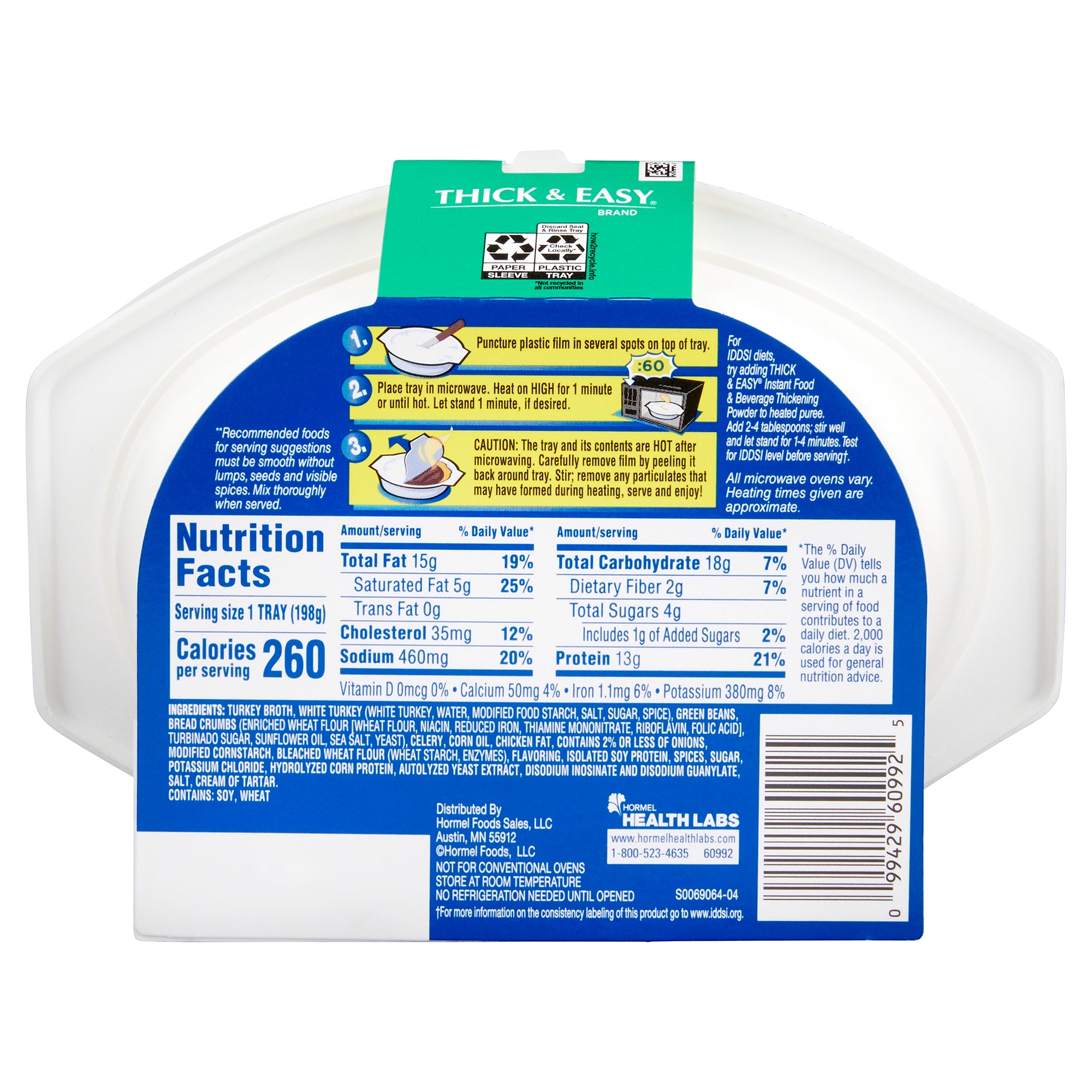 Thickened Food Thick & Easy Purees 7 oz. Tray Turkey with Stuffing / Green Beans Flavor Puree IDDSI Level 2 Mildly Thick,Packaging Type- Each
