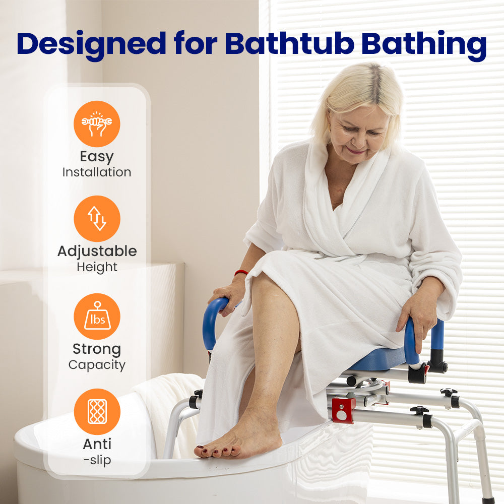 AX19 Swivel Tub Transfer Bench - Rotating Seat Bath Chair, Tool-Free Assembly, Height Adjustable for Safety & Comfort in the Shower or Bath