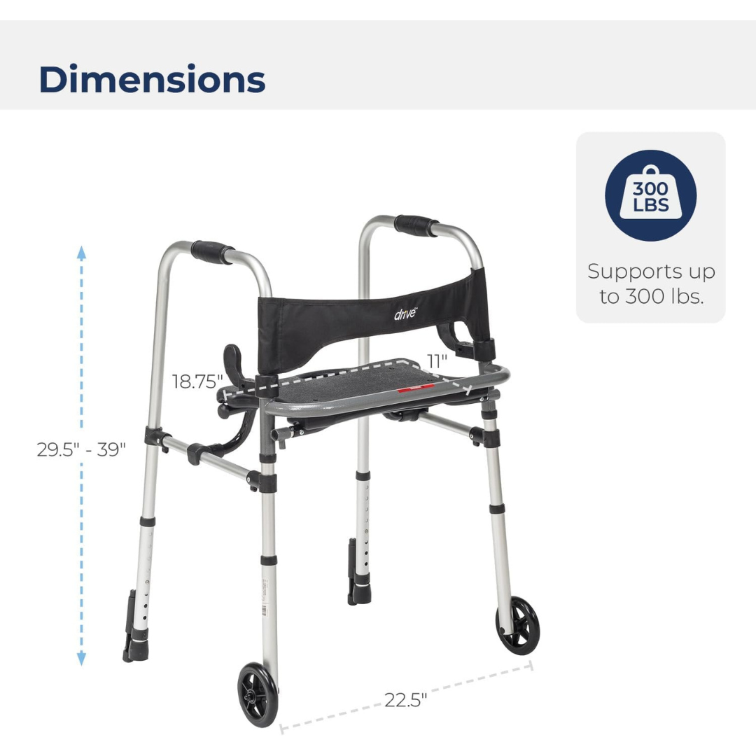 Clever-Lite LS Dual Release Folding Walker with Wheels and Seat Adjustable Height Clever-Lite LS Aluminum Frame 300 lbs. Weight Capacity 29-1/2 to 39 Inch Height, Packaging Type- Each