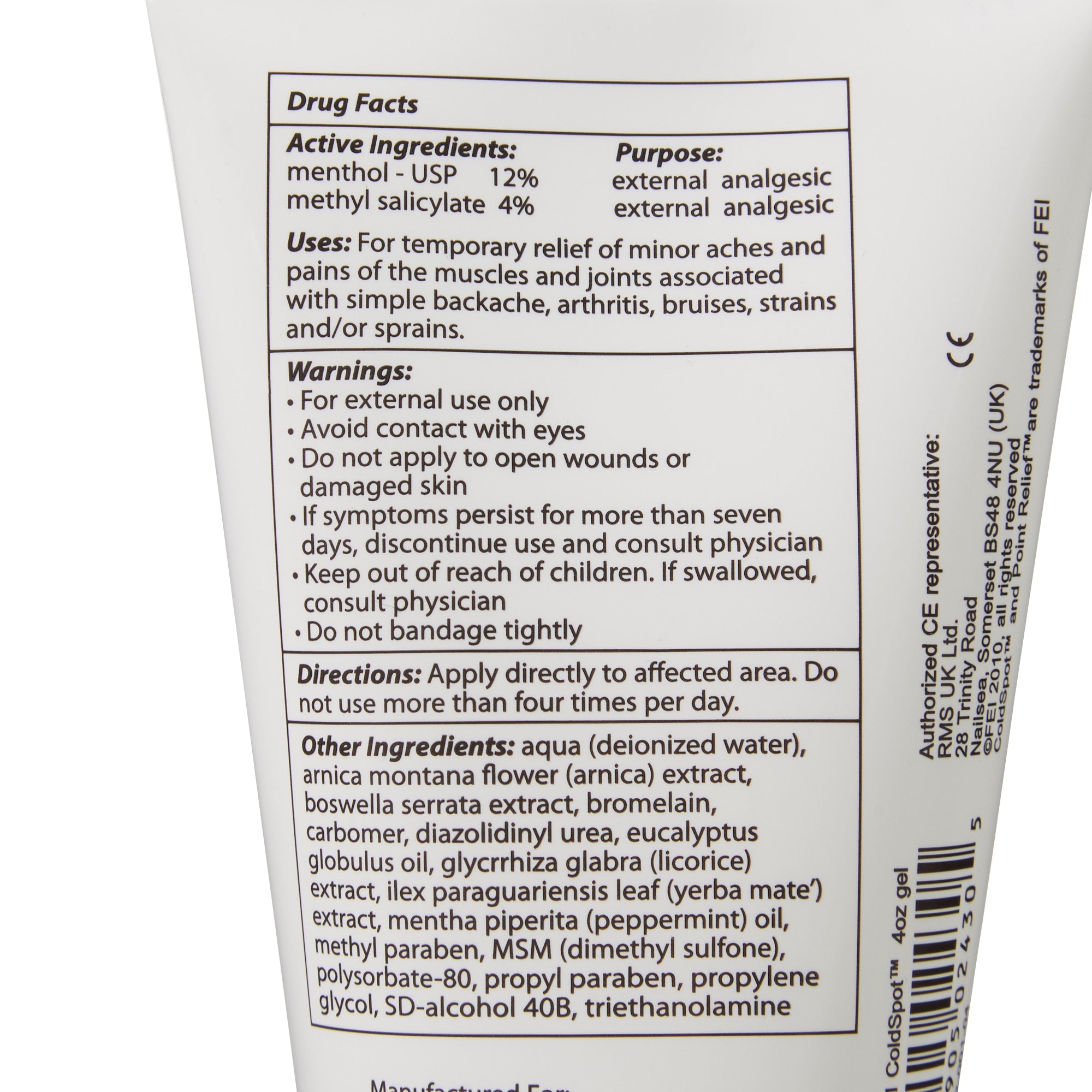 Topical Pain Relief Point Relief ColdSpot 0.06% - 12% Strength Menthol / Methyl Salicylate Topical Gel 4 oz.,Packaging Type- Each