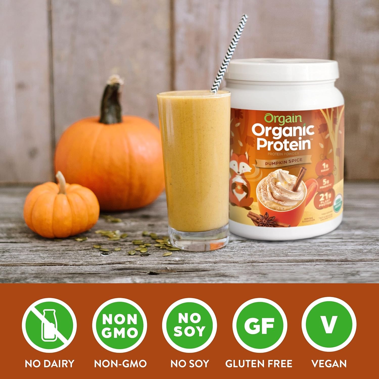 Organic Vegan Protein Powder, Pumpkin Spice Seasonal Flavor - 21G of Plant Protein, 5G Prebiotic Fiber, No Lactose Ingredients, No Added Sugar, Non-Gmo, for Shakes & Smoothies, 1.02 Lb