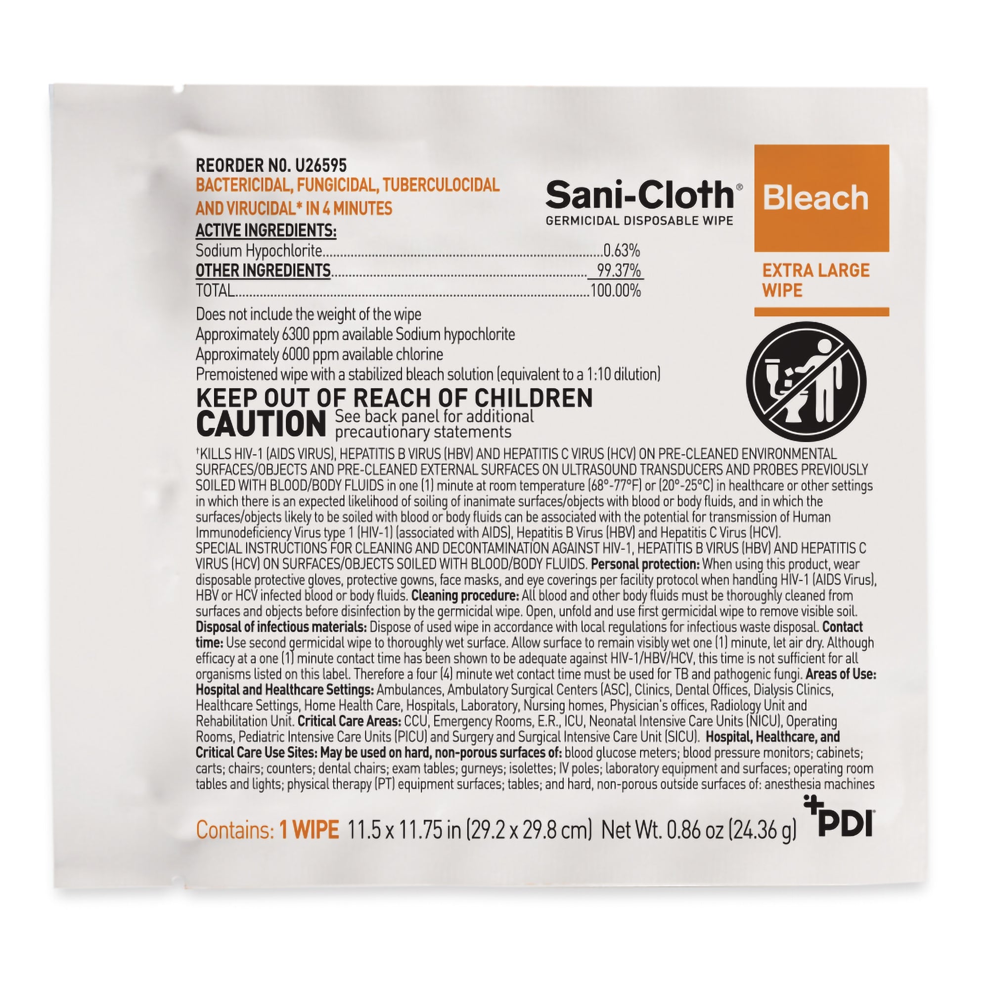 Sani-Cloth Bleach Surface Disinfectant Cleaner Premoistened Germicidal Manual Pull Wipe 40 Count Individual Packet Chlorine Scent NonSterile