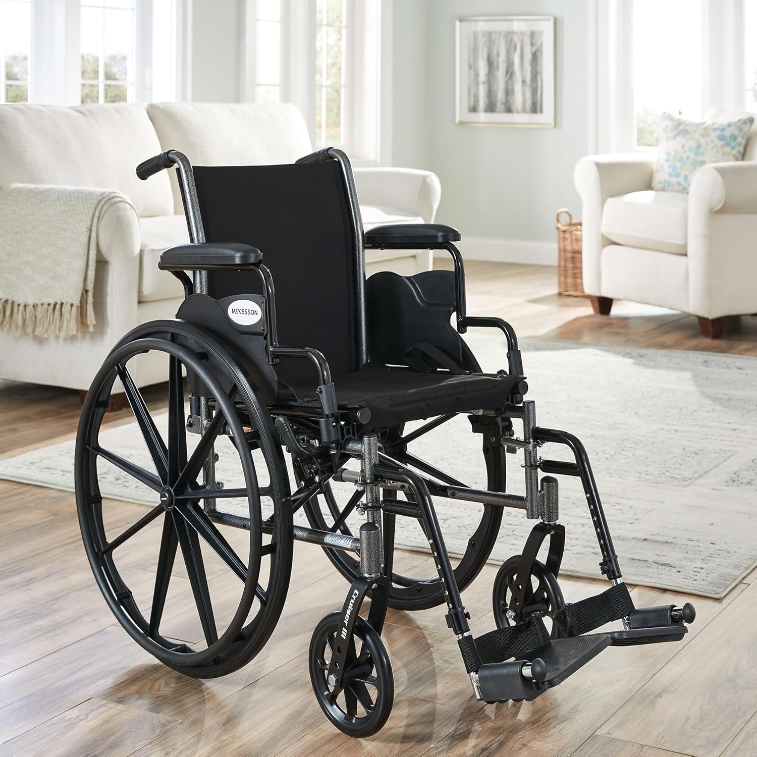 Lightweight Wheelchair McKesson Dual Axle Desk Length Arm Swing-Away Footrest Black Upholstery 16 Inch Seat Width Adult 300 lbs. Weight Capacity, Packaging Type- Each