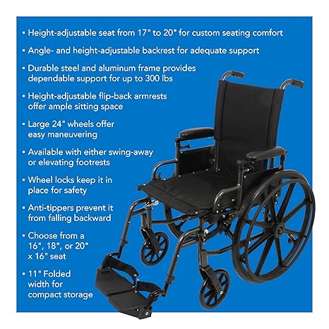 Probasics K2 Wheelchair with flip-back height adjustable padded removable desk length arm rests and Elevating Leg rest ,8" x 1" Front 24" Back Wheels ,300 lbs Weight Capacity ,18" x 16" ,WC21816DE