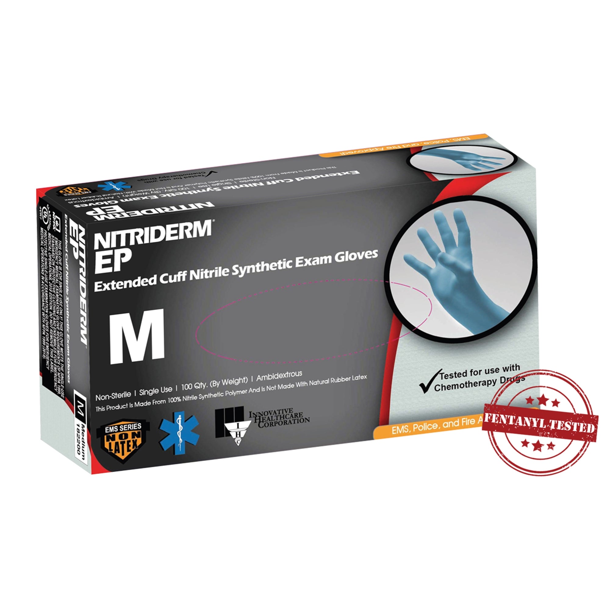 exam glove nitriderm ep medium nonsterile nitrile extended cuff length fully textured blue chemo tested fentanyl tested packaging type case