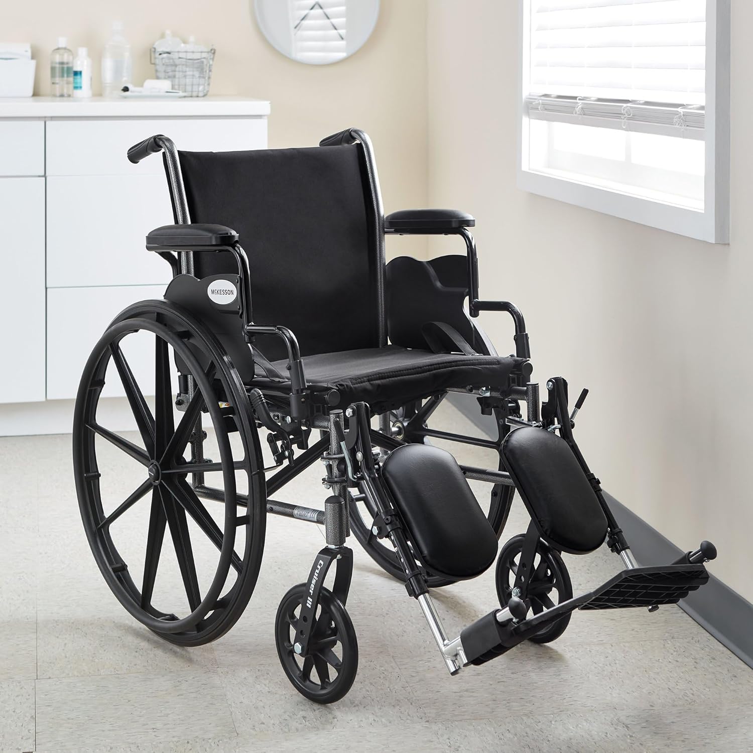 Wheelchair McKesson Dual Axle Desk Length Arm Swing-Away Elevating Legrest Black Upholstery 20 Inch Seat Width Adult 350 lbs. Weight Capacity, Packaging Type- Each