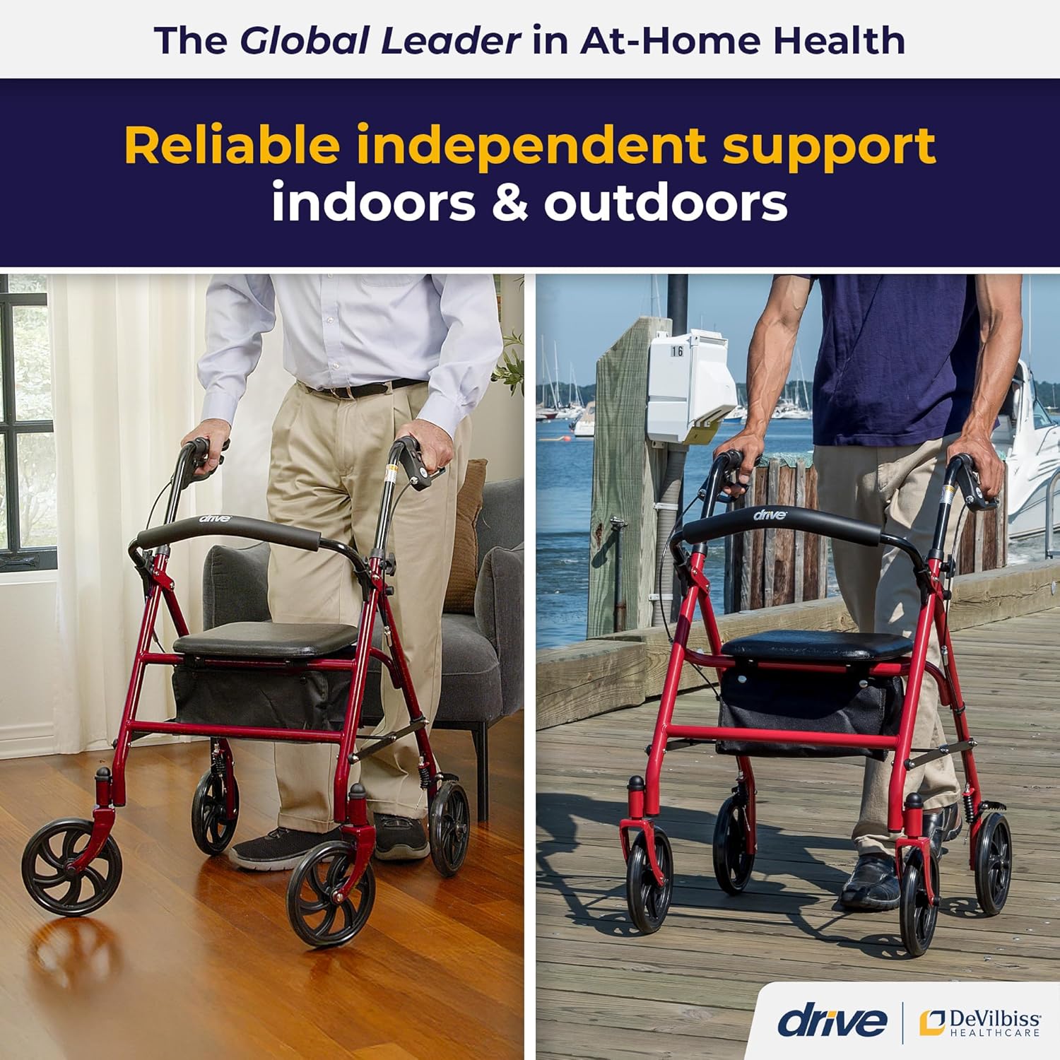 Drive Medical Rollator 4-wheel With Pouch & Padded Seat Red - Drive